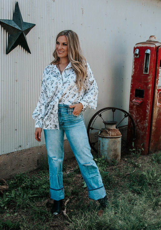 Boots Print Satin Button Down