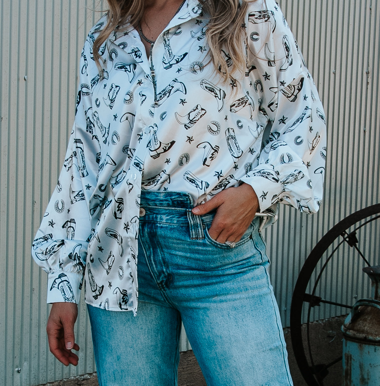 Boots Print Satin Button Down