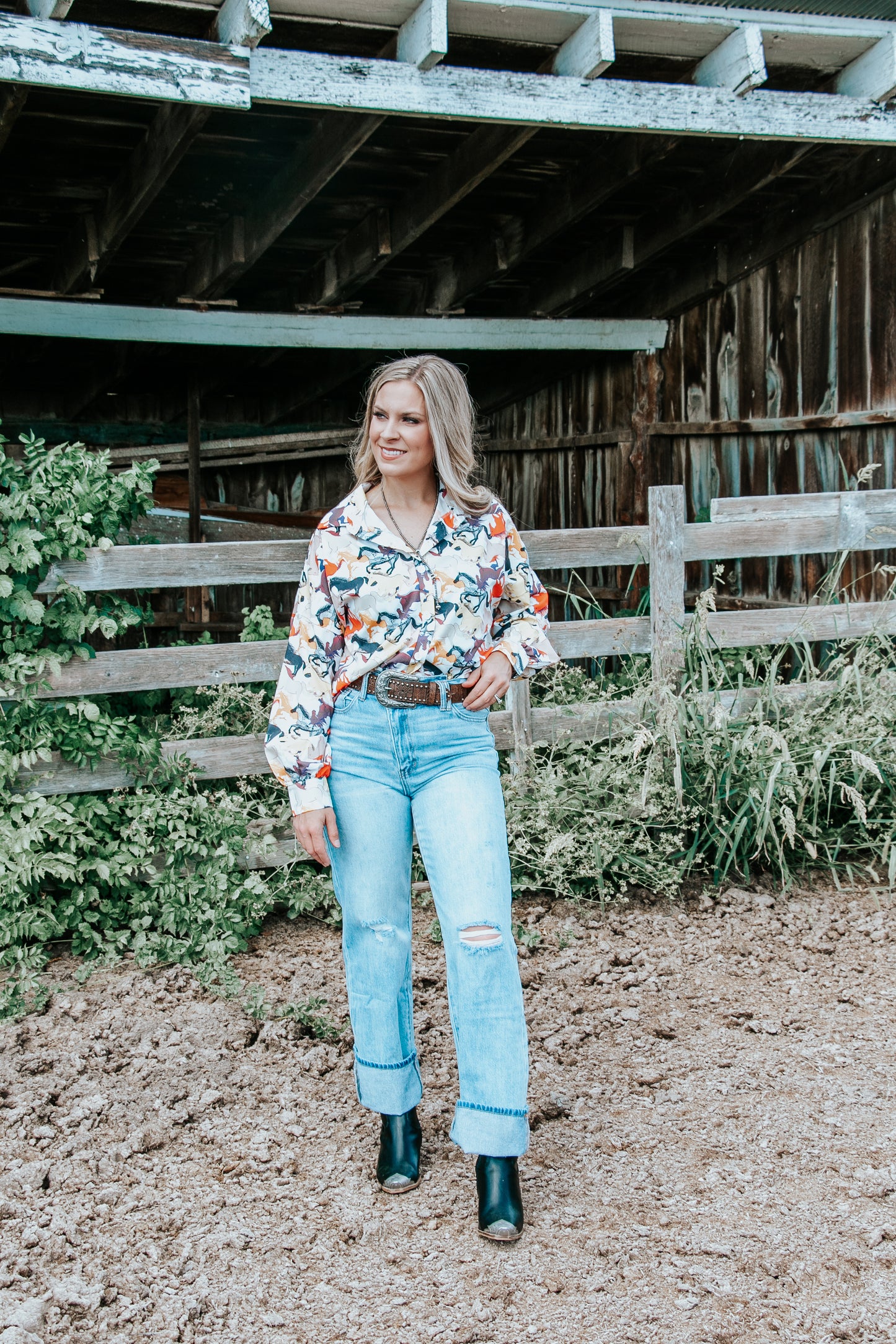 Western Horses Print Button Down